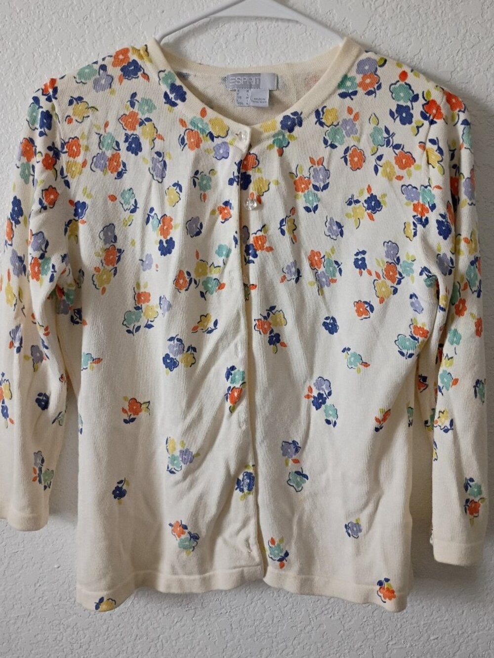 Esprit Women's Floral Button Front Cardigan Sweater 100% Cotton Cream Size M